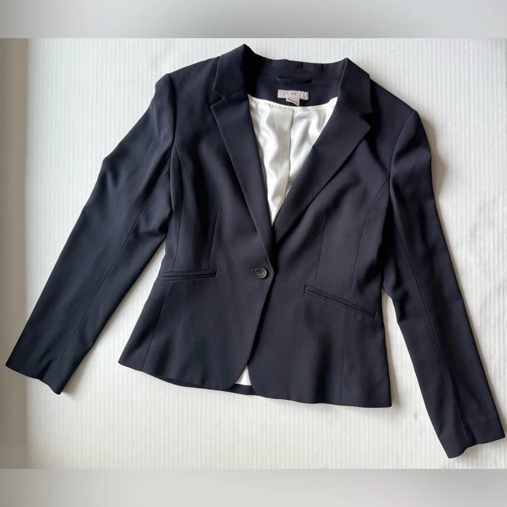 H&M Fitted Lined Suit Jacket Navy Blue Size S Office Business Casual
